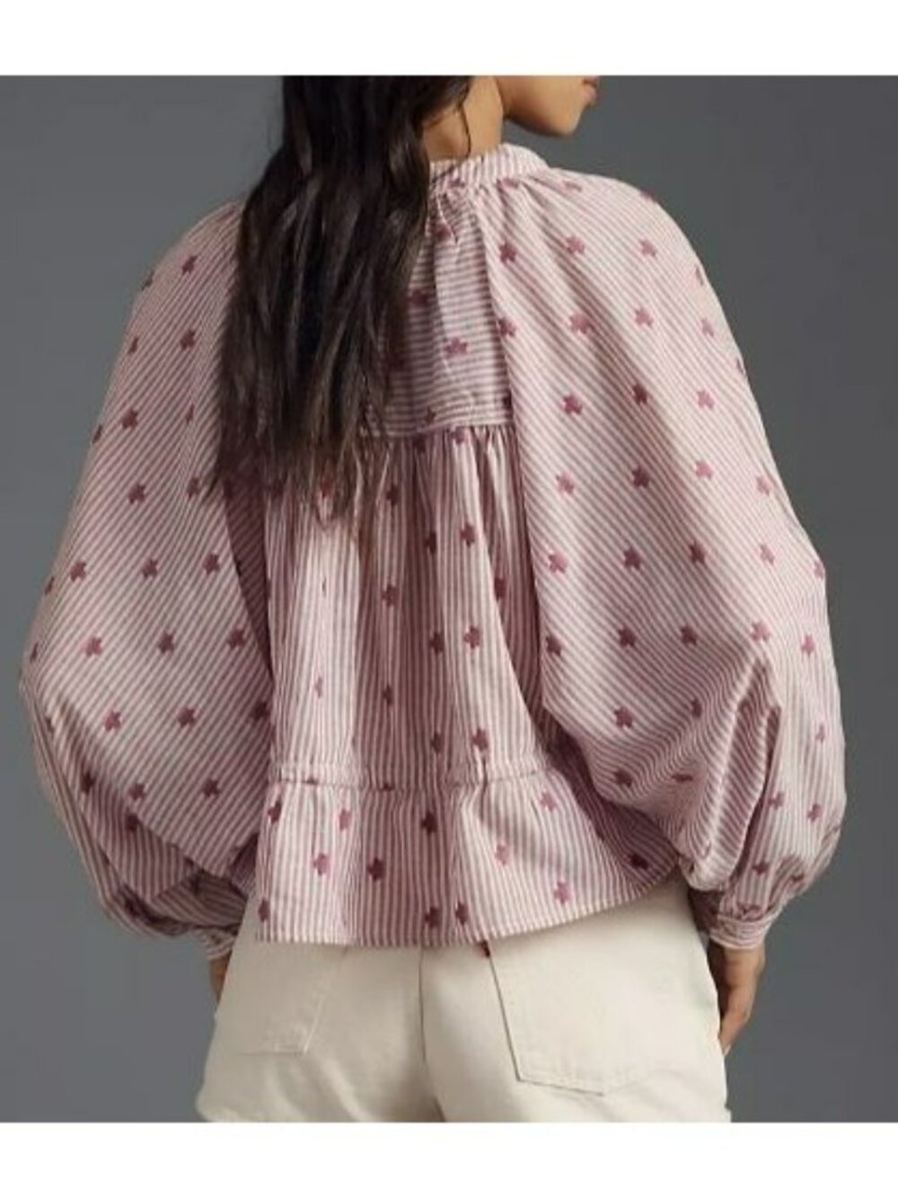 Pilcro Pink Striped & Embroidered Cotton Button-Down Peasant Blouse XL - Picture 9 of 10